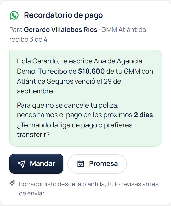 Recordatorio de pago en Vigenza: borrador de WhatsApp para Gerardo Villalobos Ríos por su recibo de $18,600, con los botones Mandar y Promesa. Datos de demostración.